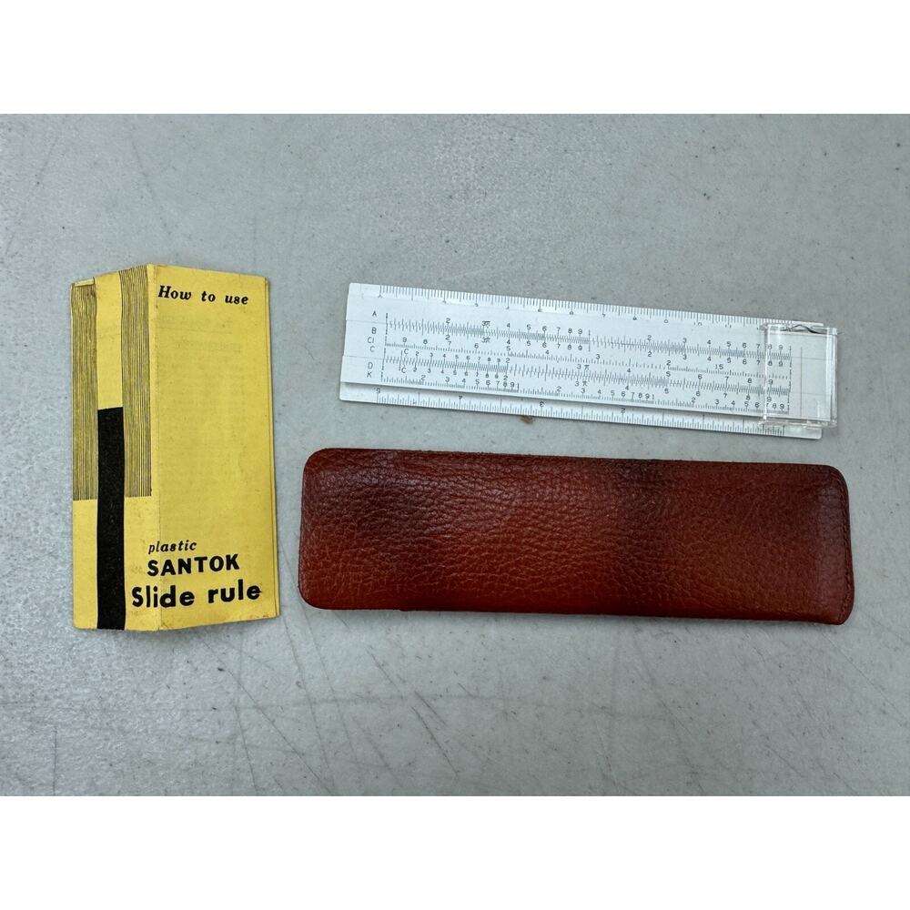 Vintage Plastic Santok Slide Rule with Instructions & Brown Leather Case